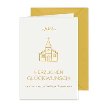 Glückwünschkarte goldene Kirche erste heilige Kommunion
